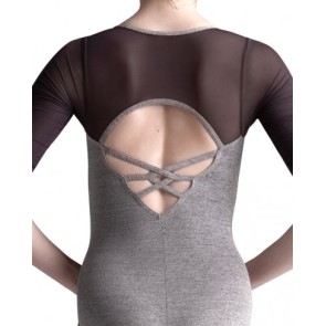 Capezio 10670W grijs balletpak met zwarte mesh mouwen achterkant 