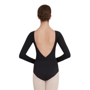 Capezio TC0041 zwart balletpak lange mouwen en lage V rug achterkant 