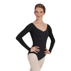 Capezio TC0041 zwart balletpak lange mouwen en lage V rug voorkant