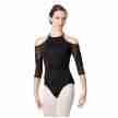 Zwart balletpak voor dames - Ontblote schouders - Open rug - Mouwen van gaas - Microvezel - Lulli LUF538