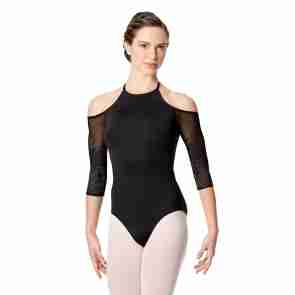 Zwart balletpak voor dames - Ontblote schouders - Open rug - Mouwen van gaas - Microvezel - Lulli LUF538