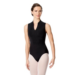 Zwart balletpak met rits - Col - Voor dames - Tactel/spandex - Gaas op de rug - Bloemenpatroon - Lulli LUF520