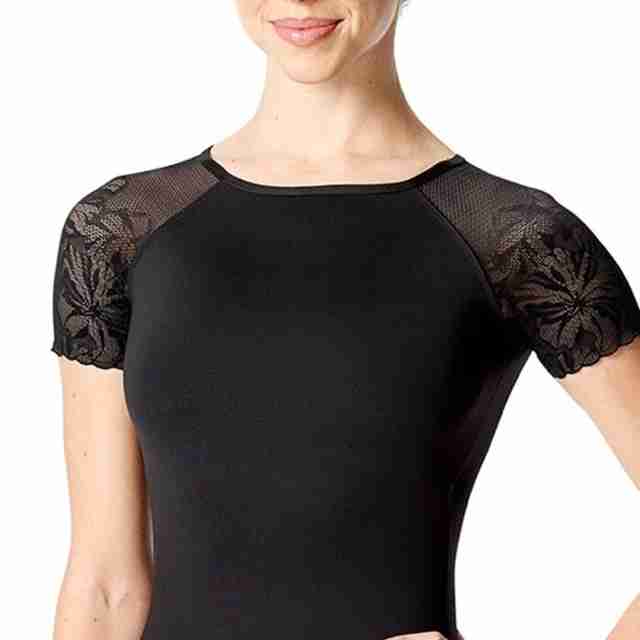 Zwart balletpak voor dames - Korte mouwen van gaas - Bloemenpatroon - Open rug - Microvezel - Lulli LUF521