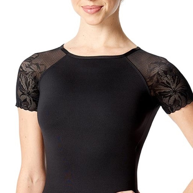 Zwart balletpak voor dames - Korte mouwen van gaas - Bloemenpatroon - Open rug - Microvezel - Lulli LUF521