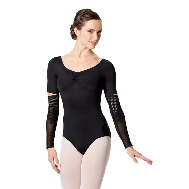 Zwart balletpak voor dames - Pich voor en achter - Bloemenpatroon op mouwen - Microvezel - Lulli LUF537