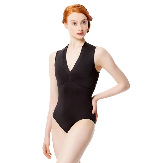 Zwart dames balletpak met v-hals - Rug van gaas met patroon - Microvezel - Mouwloos - Lulli LUF564
