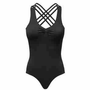 Zwart balletpak voor dames - zes gekruiste bandjes op de rug - V-hals met pinch - Papillon 7PA4211